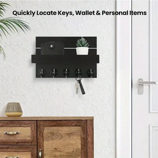 Wooden Wall-Mounted Key Holder with Mail Organiser | 5 Hooks (Dark Khaki/Black)