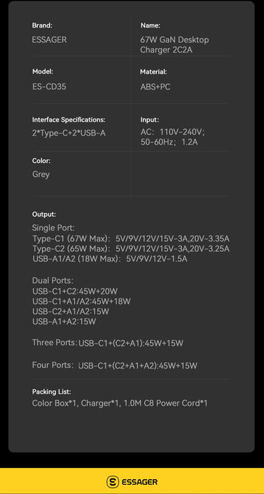 67W GaN USB‑C Desktop Charger — PD/QC Fast Charging, 2C+2A Ports for MacBook, Samsung, iPhone 15