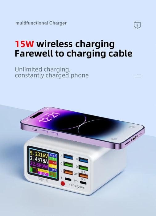 8-Port Wireless Fast Charging Station — 15W Wireless, 65W Total, PD & QC