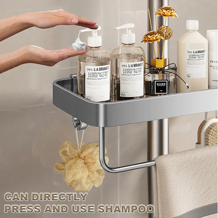 No‑drill aluminium shower caddy with towel rod option — single or double
