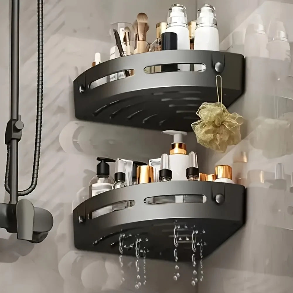 No‑Drill Adhesive Bathroom Shelf – 1 or 2‑Pack, Black Tripod Design