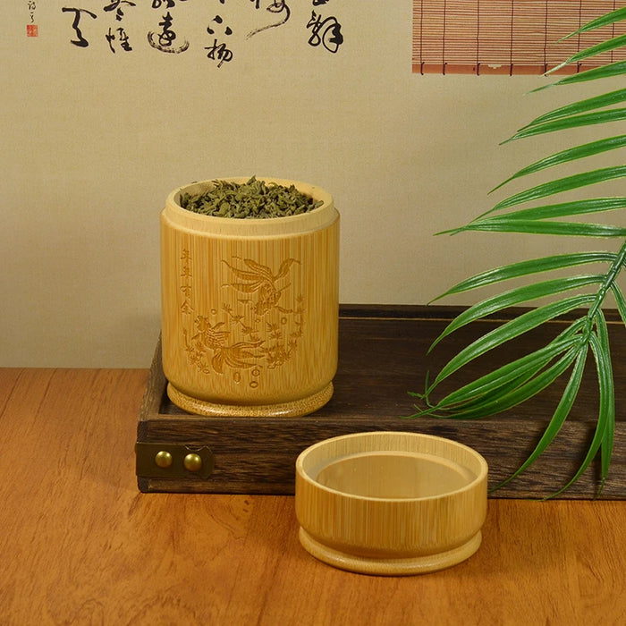 Handmade Bamboo Tea Canister with Sealing Lid — Carved Storage Box