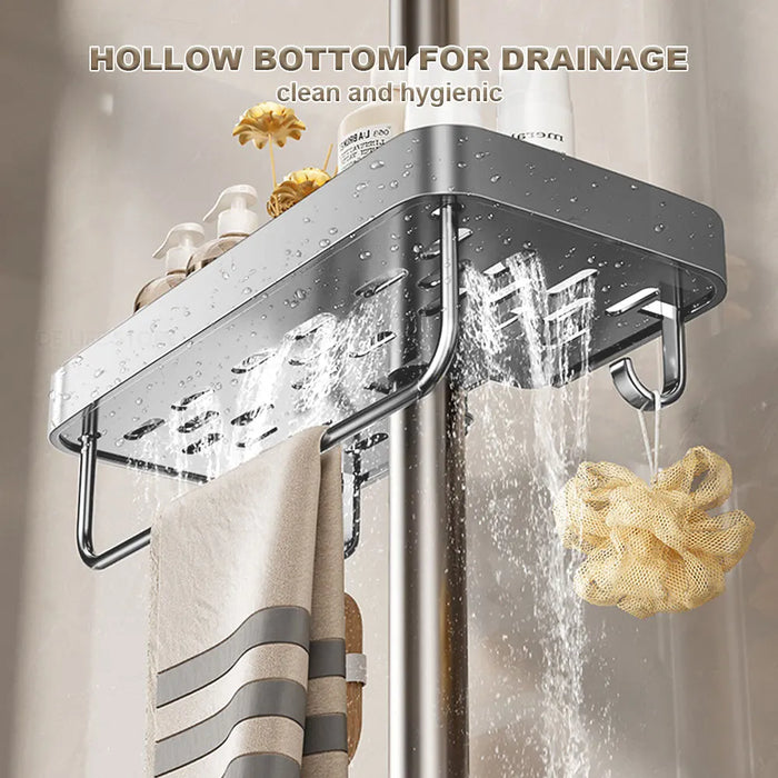 Punch-Free Shower Caddy (Single or Double) — Space Aluminium Shelf with Optional Towel Rail