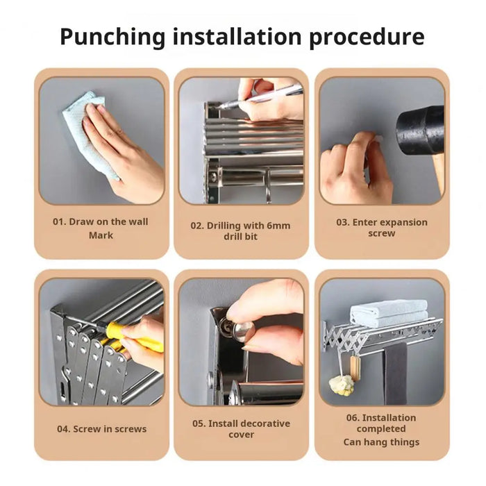 Wall-Mounted Foldaway Clothes Drying Rack - Expandable Stainless Steel