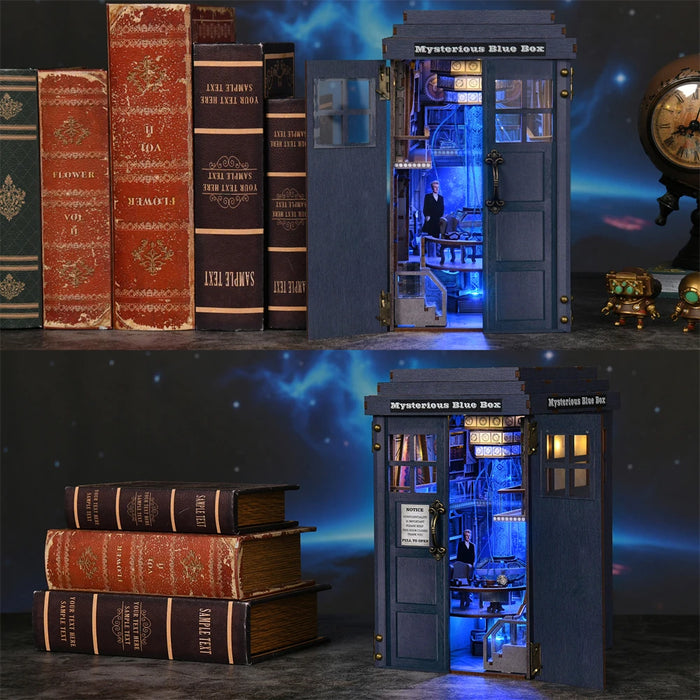 DIY Wooden Book Nook Kit — Blue Telephone Booth Miniature Bookshelf