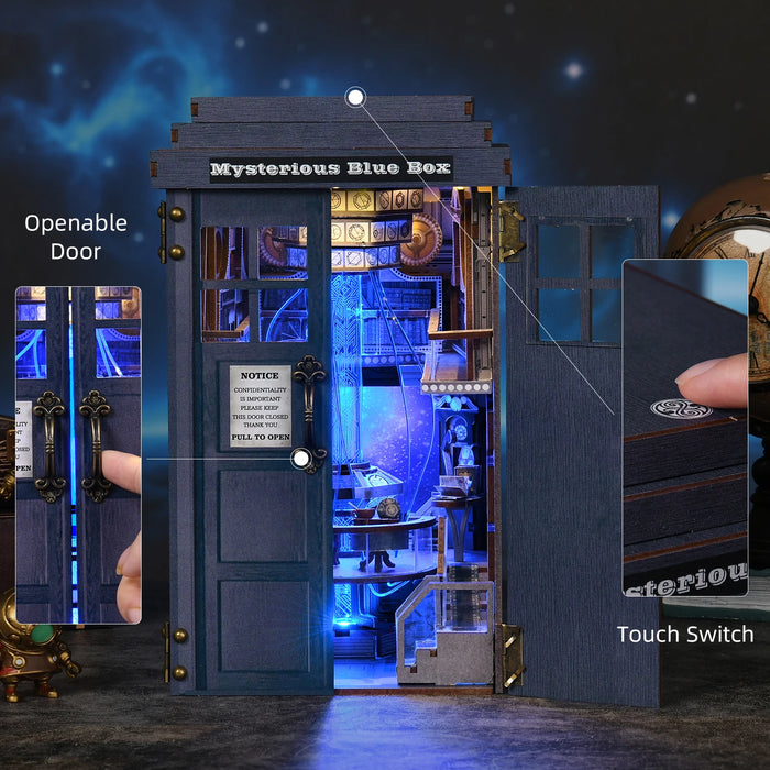 DIY Wooden Book Nook Kit — Blue Telephone Booth Miniature Bookshelf
