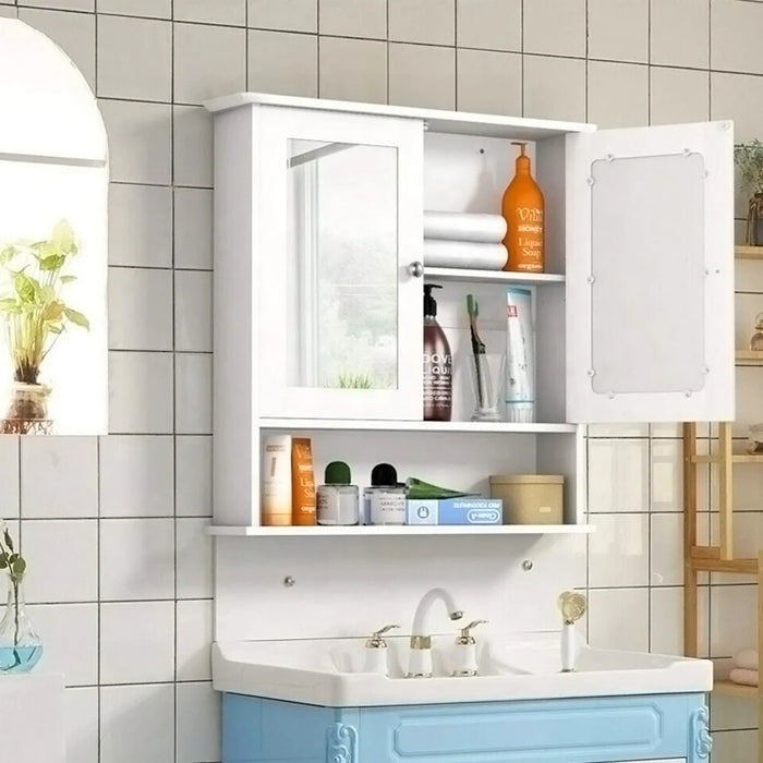 Double‑Door Wall‑Mounted Mirror Cabinet with Open Shelves, 56 x 13 x 58cm, White