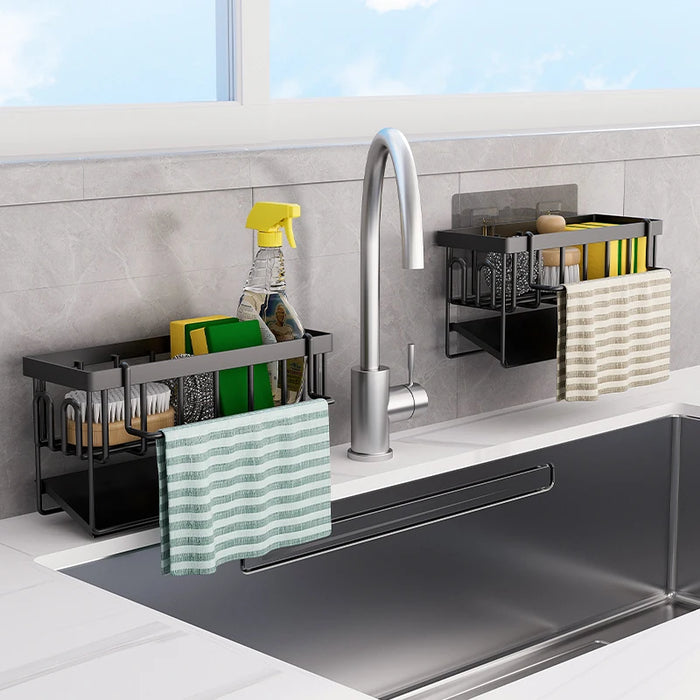 Kitchen Sink Organiser — Sponge Holder with Dishcloth Hanger and Adhesive Sticker