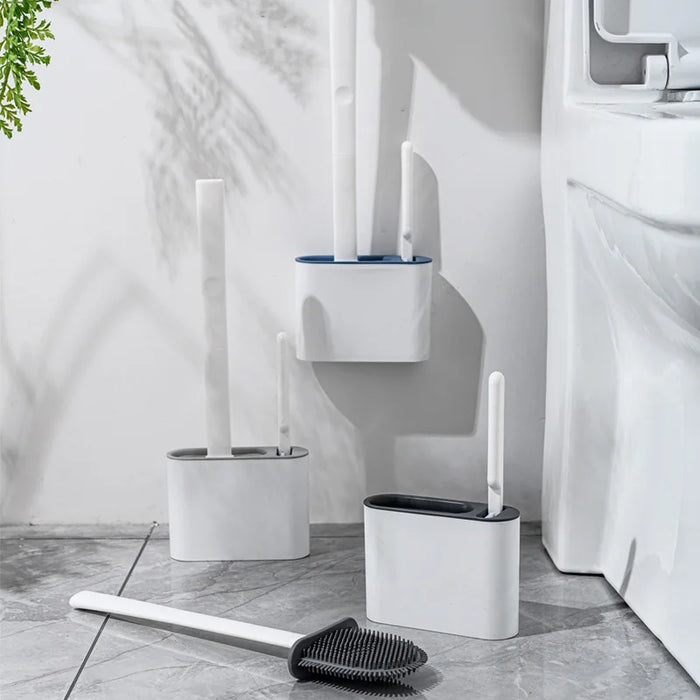 Wall-hanging Toilet Brush & Holder — Long Handle, Silicone Bristles (Grey or Blue)