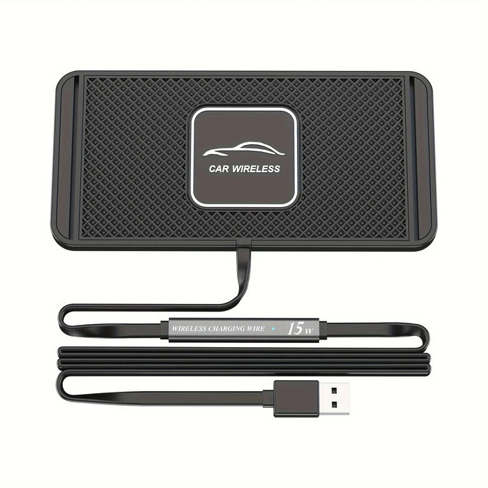 15W Qi Wireless Car Charger Pad with USB — QC3.0 Input, Compatible with iPhone 11–16 & Qi Devices