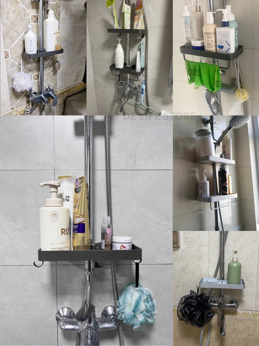 Punch-Free Shower Caddy (Single or Double) — Space Aluminium Shelf with Optional Towel Rail