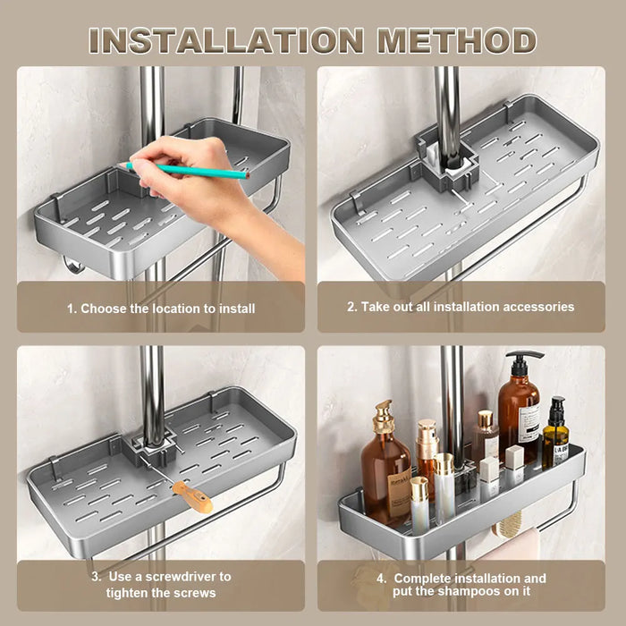 No‑drill aluminium shower caddy with towel rod option — single or double