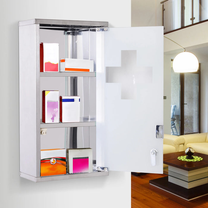 Lockable Wall-Mounted Medicine Cabinet — Safety Glass Door, Silver, 48cm