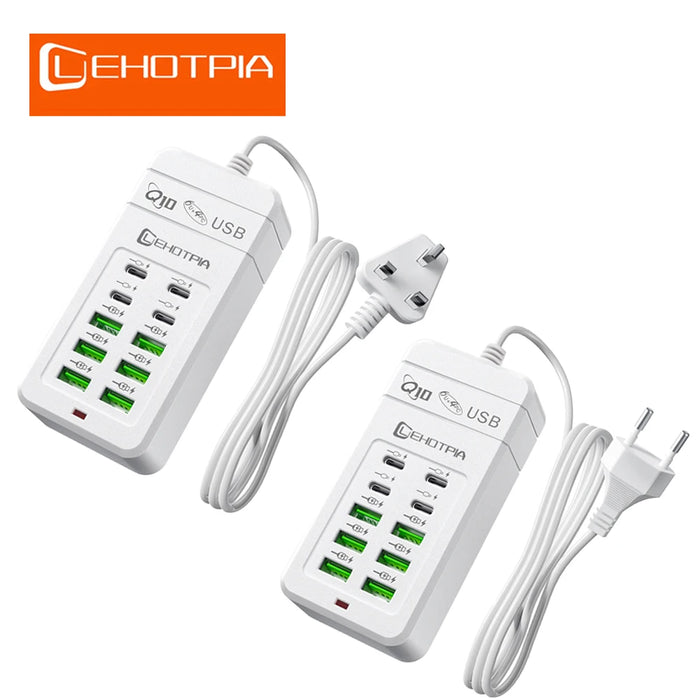 6x USB-A & 4x USB-C Multi‑Plug USB Charger with 1.2m Cord — EU/UK/US