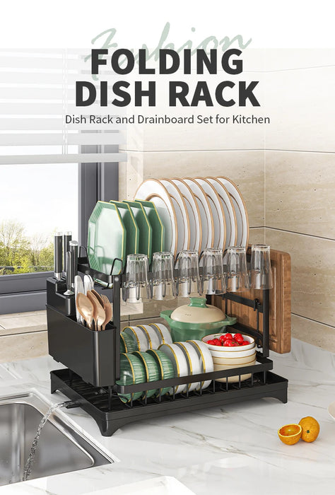 2-Tier Metal Dish Drainer with Draining Spout, Cutlery & Cup Holders