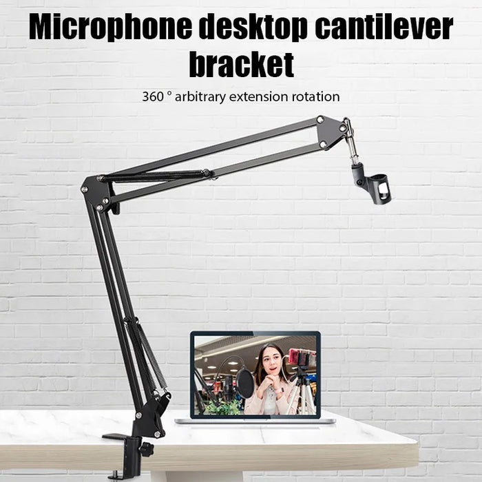 Adjustable Scissor Arm Microphone Stand — Desktop Clip, Tripod & Extendable Bracket