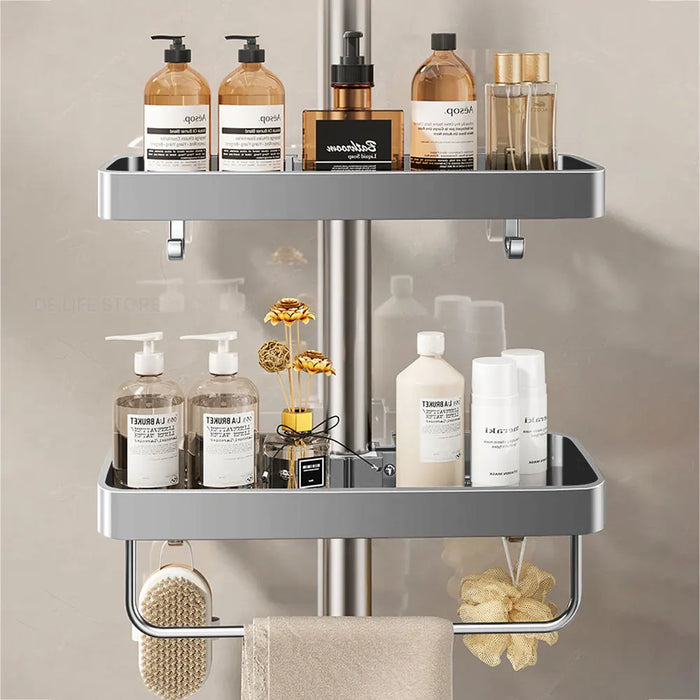 No‑drill aluminium shower caddy with towel rod option — single or double