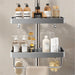 No‑drill aluminium shower caddy with towel rod option — single or double