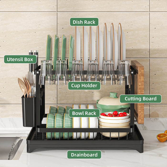 2-Tier Metal Dish Drainer with Draining Spout, Cutlery & Cup Holders