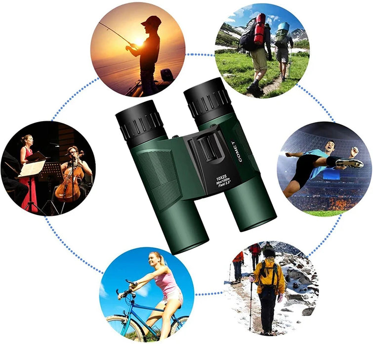 10x25 Compact Folding Binoculars — Lightweight Pocket Travel Binoculars for Adults & Kids