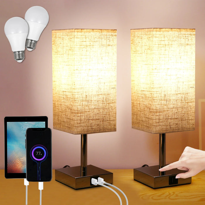 Bedside Table Lamp with Fabric Shade - Warm White LED Bulb, Touch Control, Desk Light, USB A and Type-C Charging Ports - Ideal for Nightstands, Work Desks and Study Areas