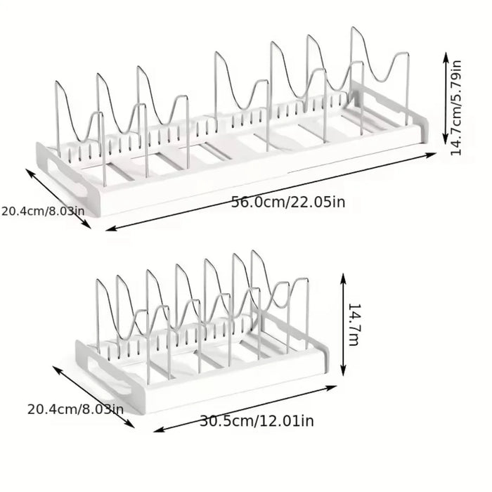 Expandable Pot and Pan Organiser — Space-saving Cabinet Holder for Lids and Dishes