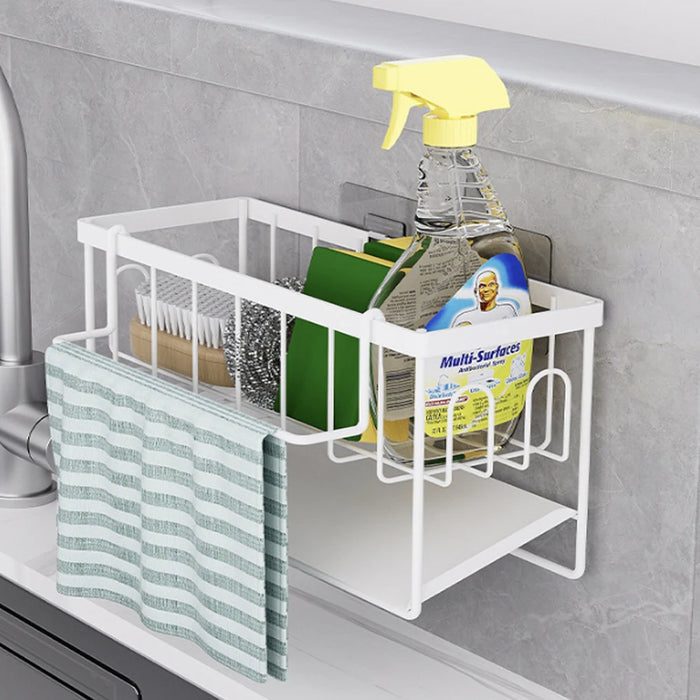 Kitchen Sink Organiser — Sponge Holder with Dishcloth Hanger and Adhesive Sticker
