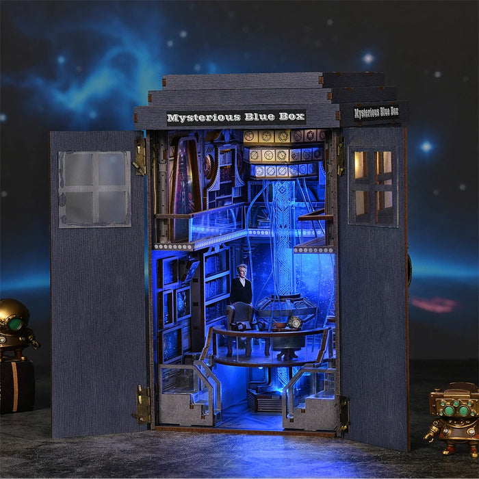DIY Wooden Book Nook Kit — Blue Telephone Booth Miniature Bookshelf
