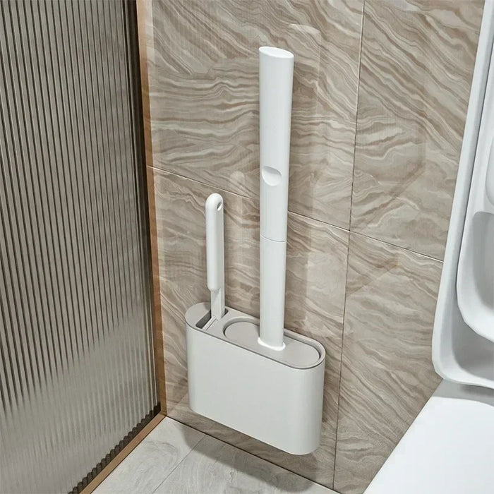 Silicone Toilet Brush with Flat Flexible Head and Wall-Mounted Holder