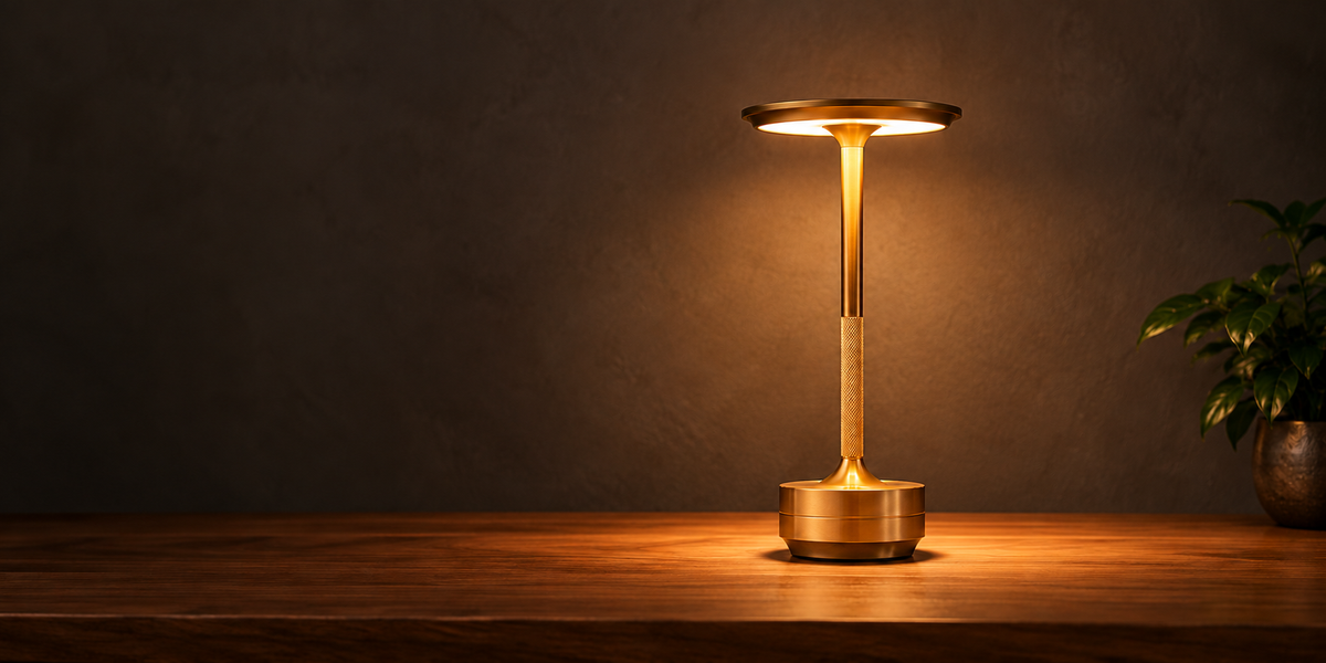 Golden Aura table lamp with warm light on a wooden tabletop