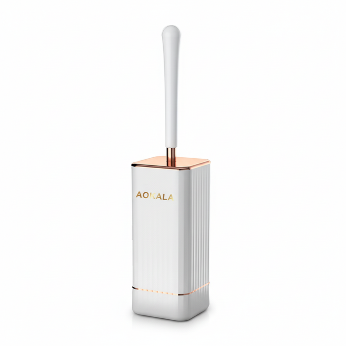 Aokala Silicone Toilet Brush & Holder — 40cm Long Handle, Wall or Floor Mount, Black or White with Rose Gold Trim
