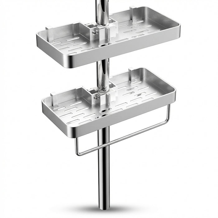 No‑drill aluminium shower caddy with towel rod option — single or double