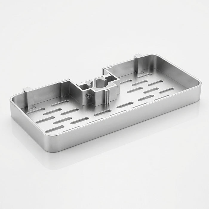 No‑drill aluminium shower caddy with towel rod option — single or double