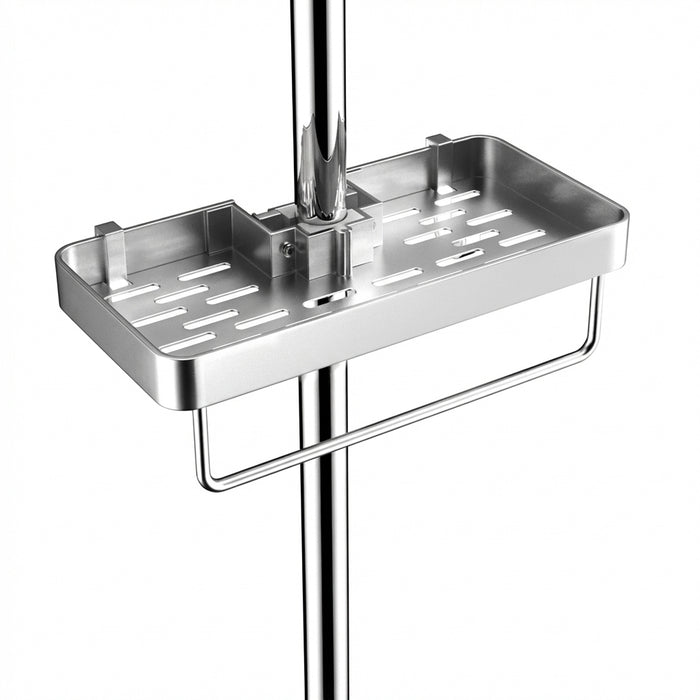 No‑drill aluminium shower caddy with towel rod option — single or double