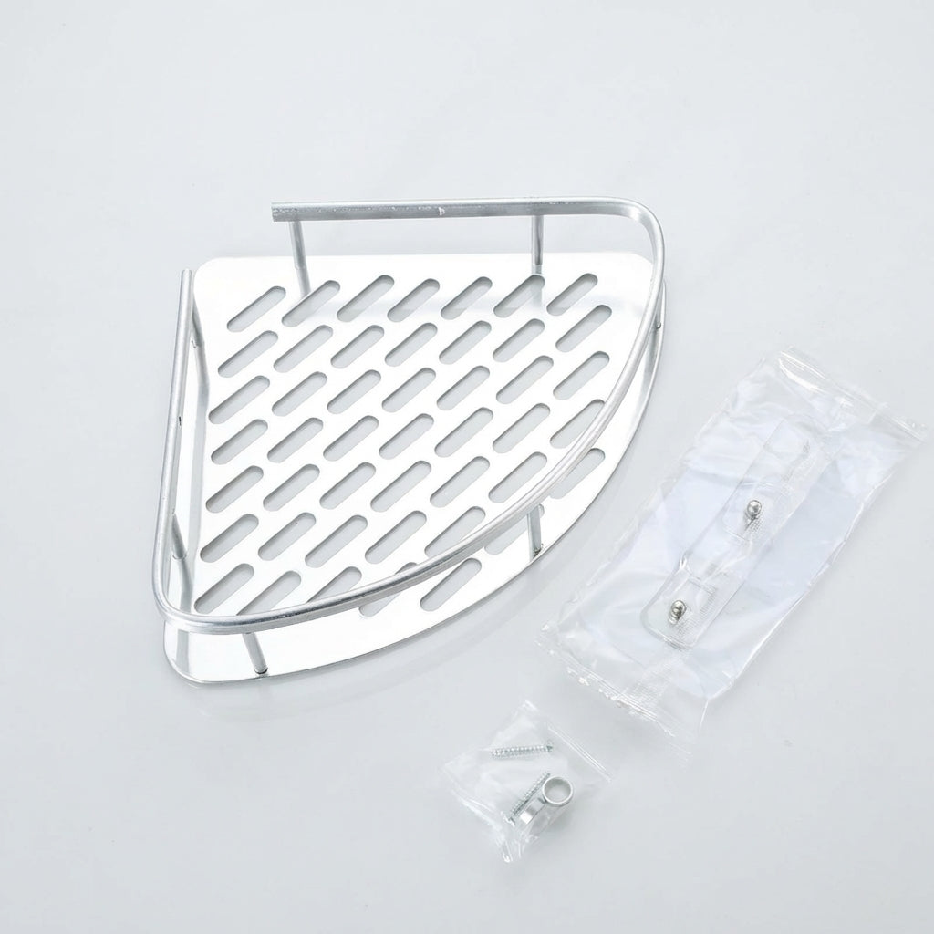 Tension-Mounted Stainless Steel Corner Shower Caddy — Single Tier