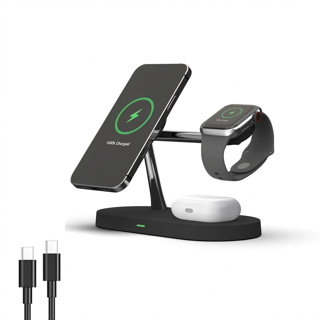 3-in-1 Magnetic Wireless Charger Stand for iPhone 12–17, Apple Watch Series 4–10 & AirPods (Qi)