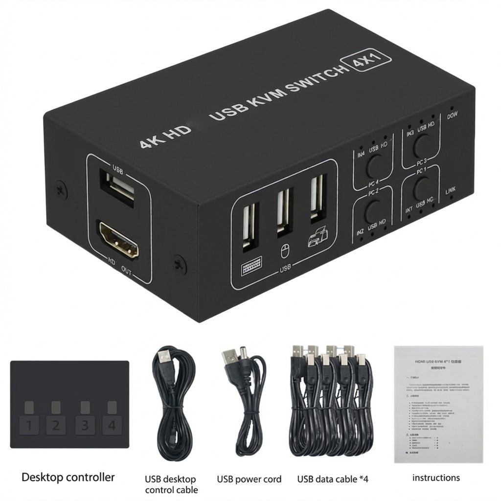 4-Port HDMI KVM Switch 4-in-1 — 4K@60Hz with Desktop Controller, Share Monitor, Keyboard & Mouse