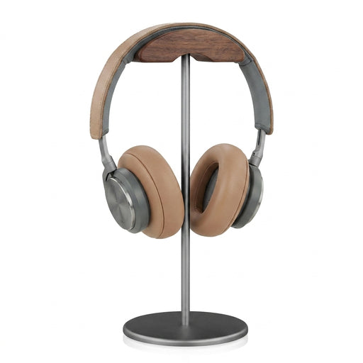Black Walnut Wood and Aluminium Headphone Stand — Solid Metal Base Desk Headset Holder