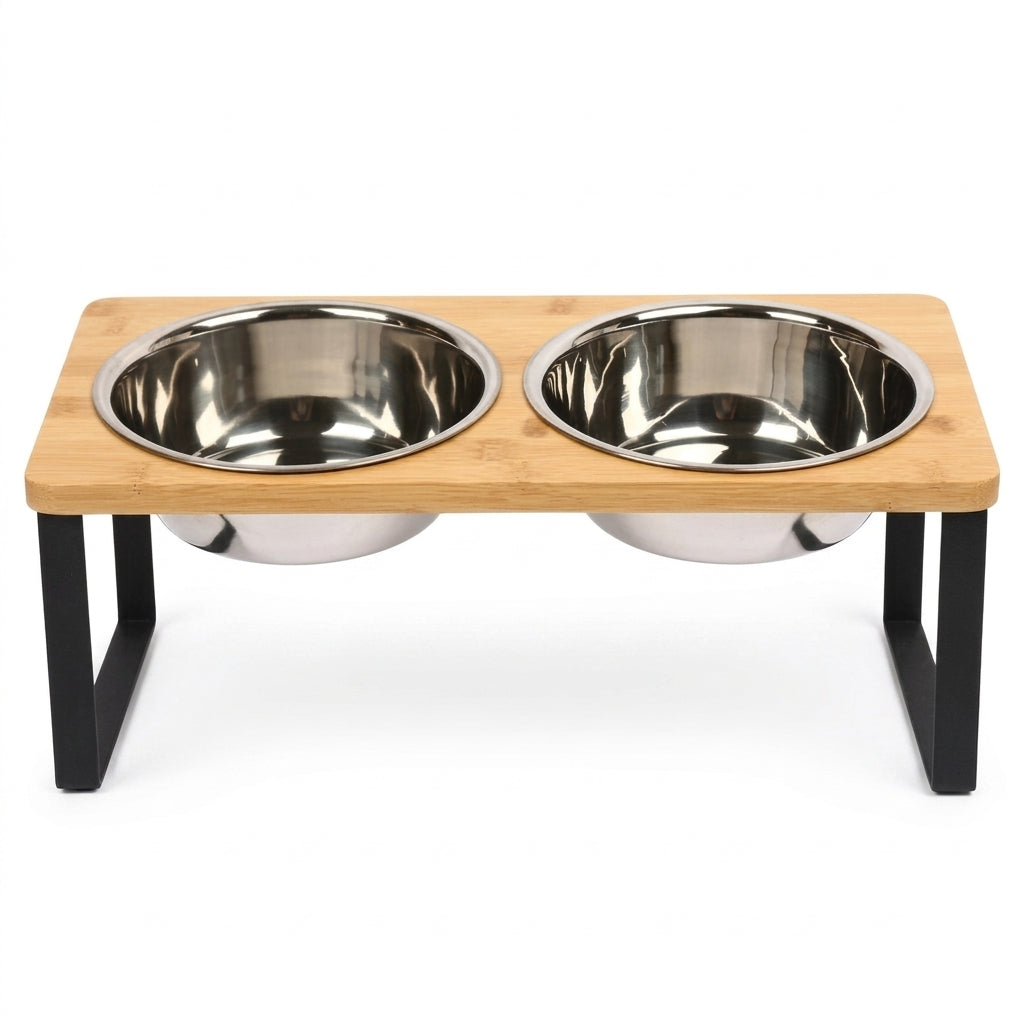 Elevated Wooden Pet Bowl Stand — 15° Tilt, Stainless Steel Double Bowls