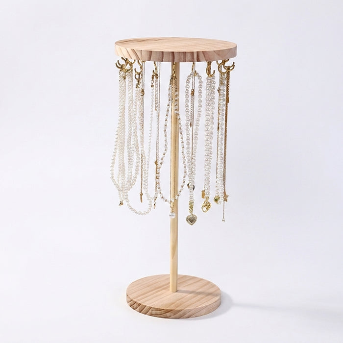 Wooden Jewellery Organiser Tower — 12 or 18 Golden Hooks, Round Base