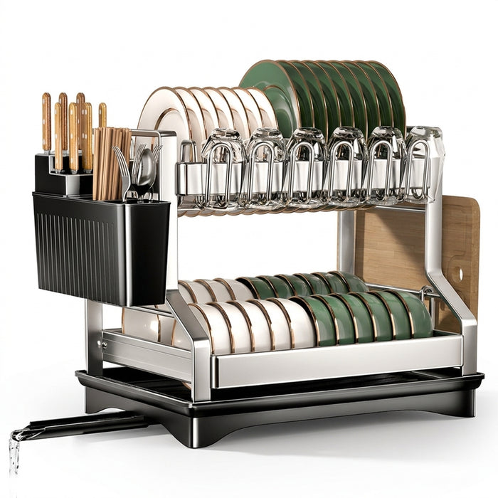 2-Tier Dish Drying Rack with Drainboard and Utensil Holder — Carbon Steel