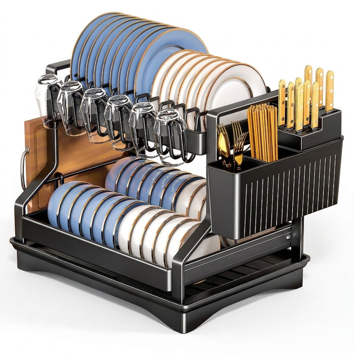 2-Tier Dish Drying Rack with Drainboard and Utensil Holder — Carbon Steel