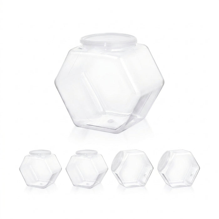Clear Hexagonal Candy & Cookie Jar with Lid — Reusable Plastic Countertop Organiser